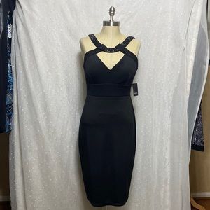 🆕MARINA Sheath Party V-Neck w/ Studded Neckline Detail Dress In Black